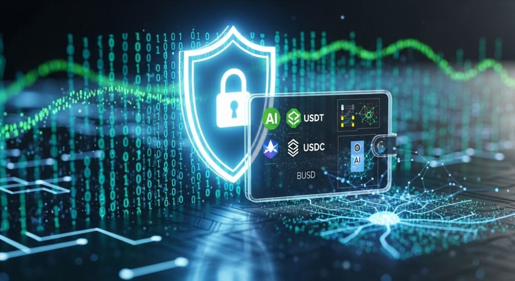 디지털 지갑을 보호하는 강력한 네온 빛의 보안 방패와 암호화 코드 데이터