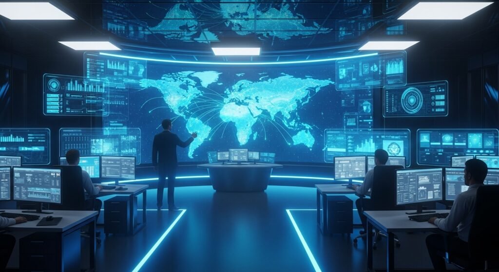 홀로그램 지도를 통해 실시간 네트워크 상태를 모니터링하는 관제 센터